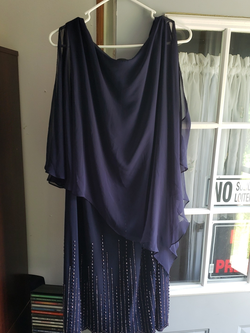 Xscape Navy Blue Beaded Overlay Evening Dress